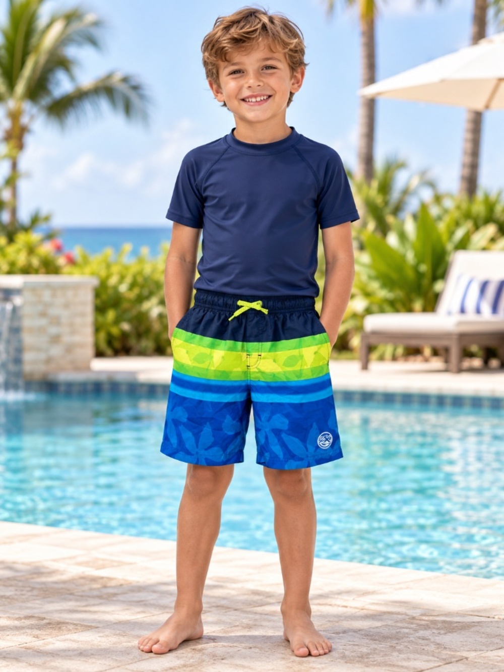 ZeroXposur Boys Swim Trunks Size 7 Blue Green Stripe Camo Board Shorts NWT